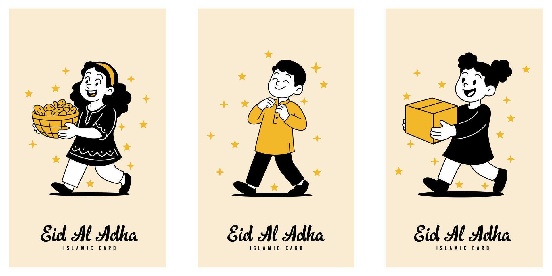 vertical banner illustration for Eid al-Adha, featuring a girl carrying a basket of dates and sweets, a boy happily wearing new Eid clothes, and a girl delivering meat to a neighbor vector