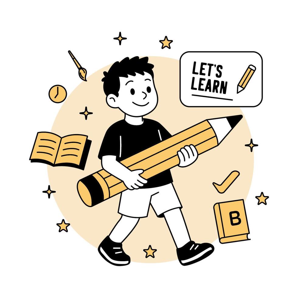 A smiling cartoon boy proudly holding a giant pencil, surrounded by school and learning icons vector