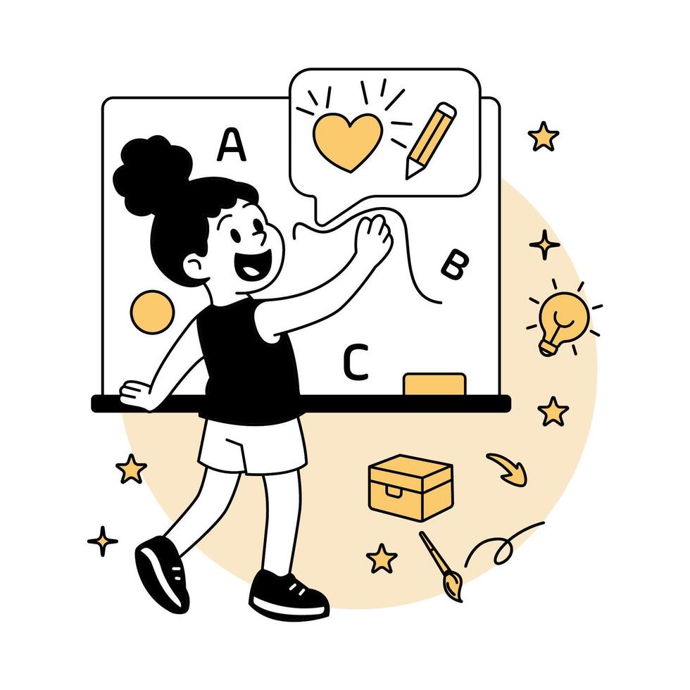 A happy cartoon girl drawing on a whiteboard with educational icons around her, in a modern flat illustrations vector