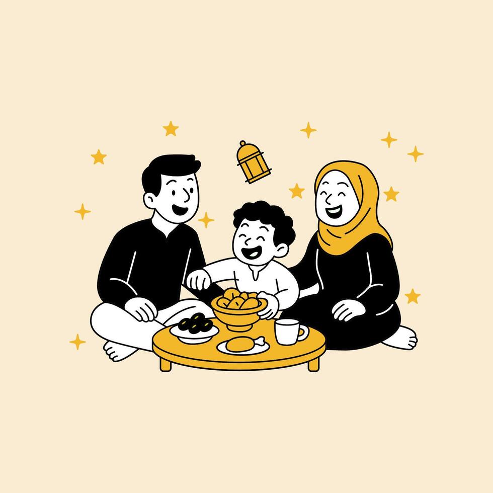 A happy family sitting together and sharing a meal for Eid illustration For Eid Al Adha Mubarak vector