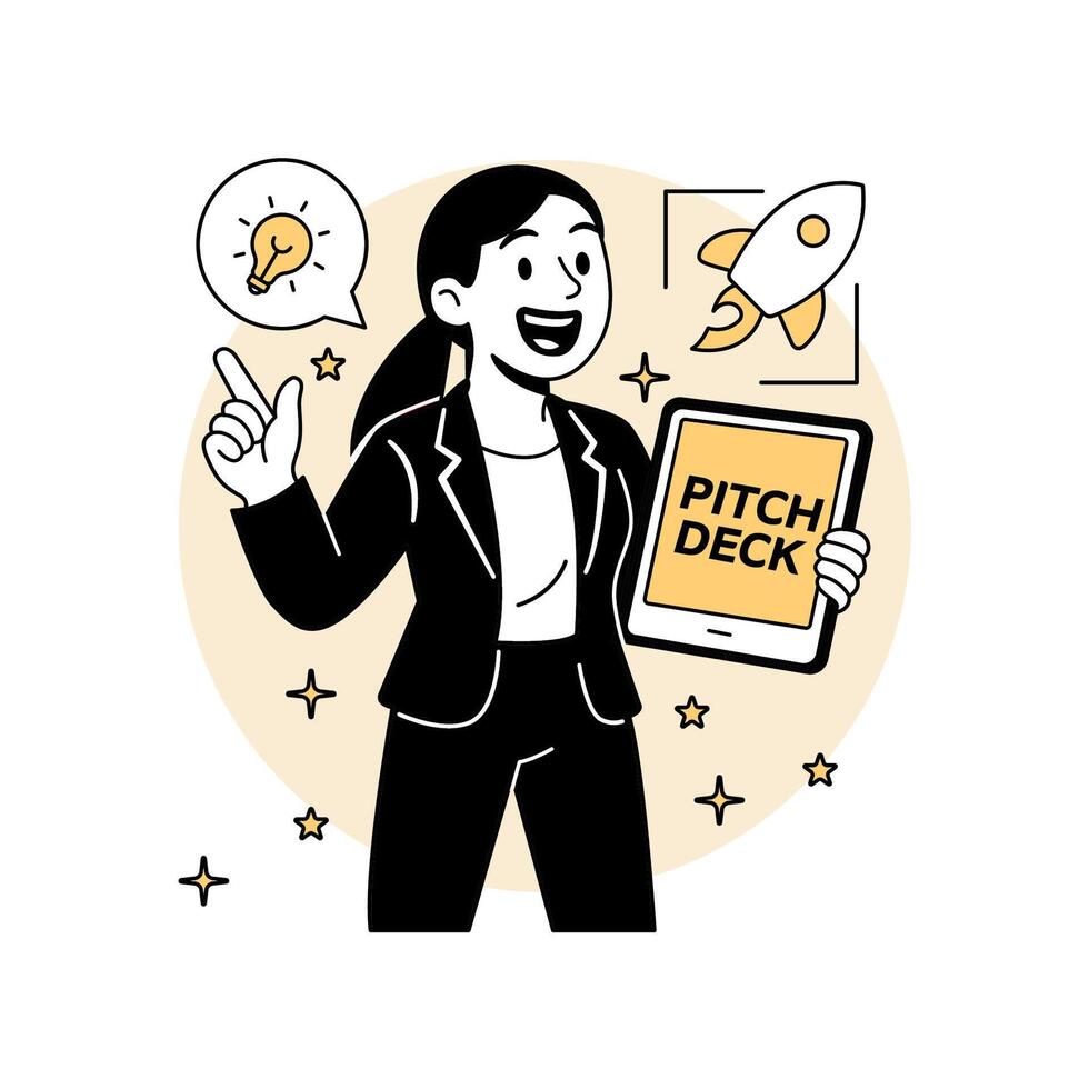 illustration of a confident woman presenting a startup pitch deck with rocket and idea icons. for tech startup fundraising, business pitching, and entrepreneurship themes. vector
