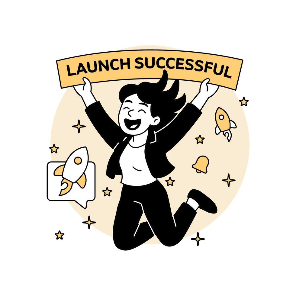 a joyful woman jumping with a Launch Successful banner, celebrating a tech startup product release. for innovation, app launch, or SaaS success themes vector