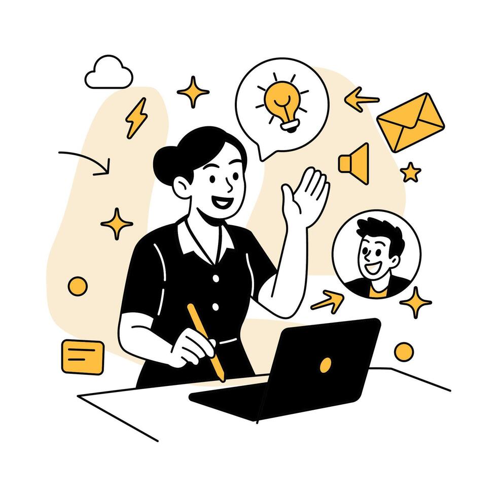 illustration of a businesswoman hosting a virtual team meeting via laptop, representing online communication, collaboration, and remote work in a modern professional setting. vector
