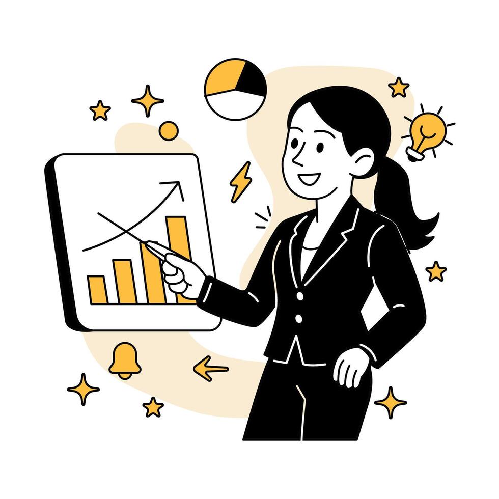 illustration of a businesswoman giving a chart presentation with graphs and data analysis vector