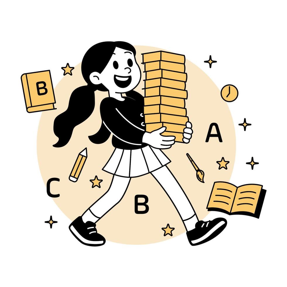 A cheerful cartoon girl carrying a tall stack of books, surrounded by school supplies and learning symbols, in a modern flat illustrations vector