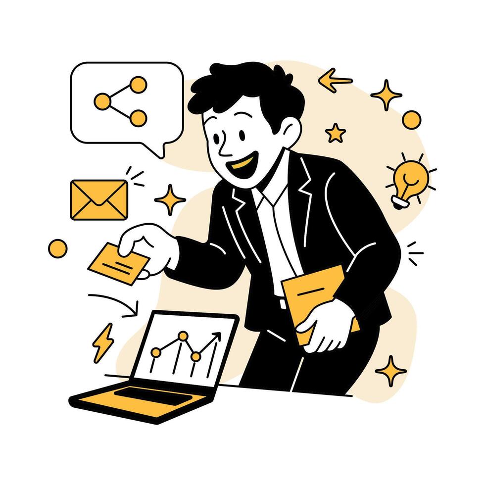 illustration of a businessman networking with business cards, sharing ideas and data from a laptop. vector
