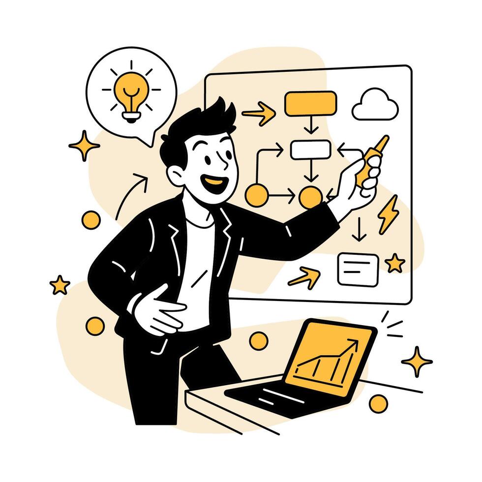 illustration of a businessman presenting ideas using a whiteboard and flowchart, symbolizing planning, teamwork, and communication vector