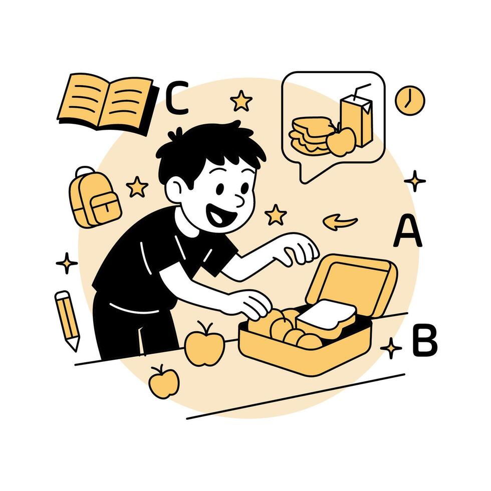 A cheerful cartoon boy packing a school lunchbox with healthy food, surrounded by school icons vector