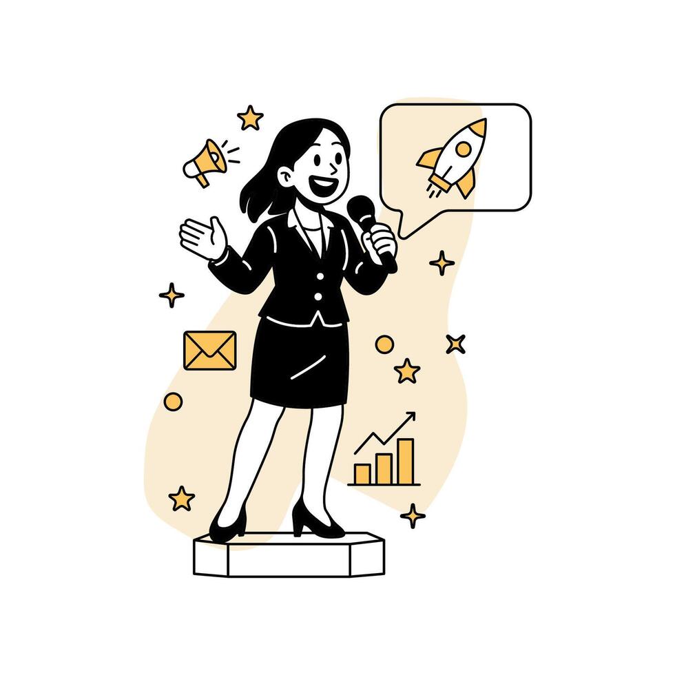 illustration of a woman excitedly presenting a viral marketing report on a smartphone, showing trending analytics and campaign success. Ideal for web, social media, and branding. vector