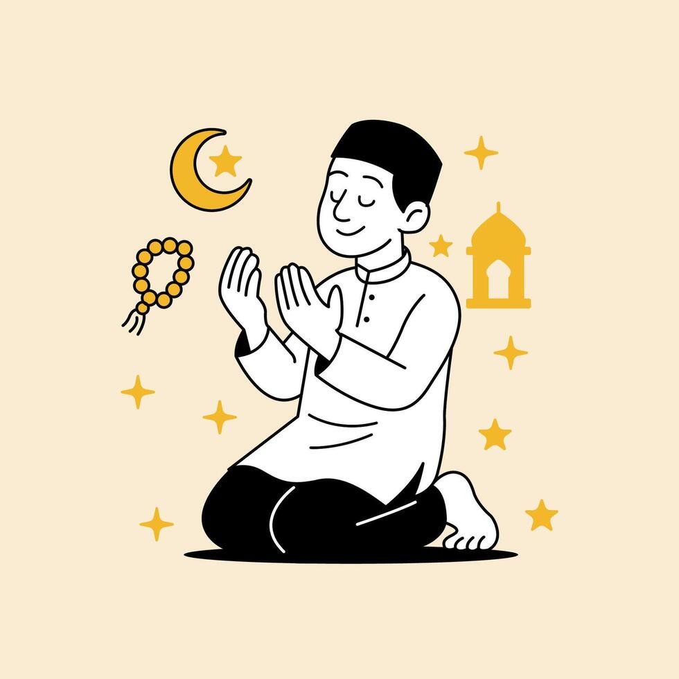 A man kneeling and praying peacefully after the Eid sacrifice illustration For Eid Al Adha Mubarak vector