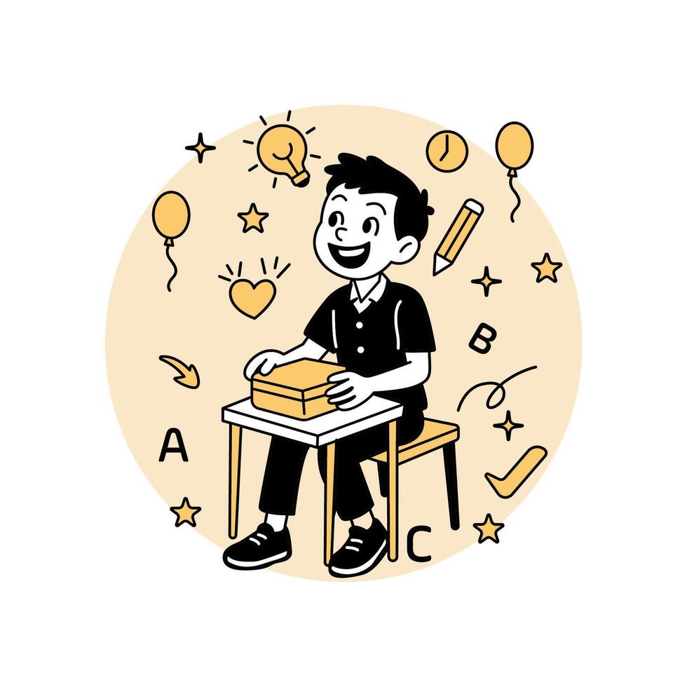 A smiling cartoon boy sitting at a classroom desk, preparing to answer a question, surrounded by school and learning icons vector