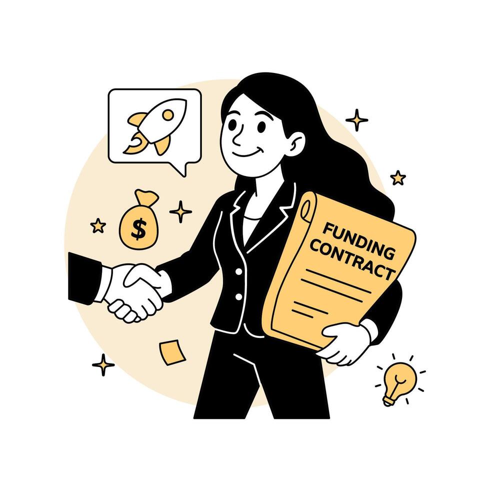 illustration of a woman holding a funding contract and shaking hands, symbolizing startup investment, seed funding, or venture capital deals in a tech business context. vector