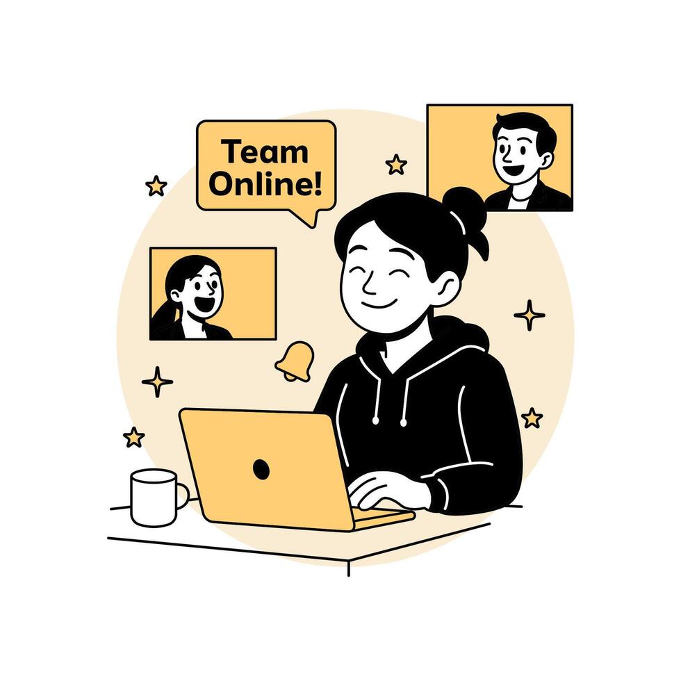 illustration of a woman leading a remote startup team via online meetings, symbolizing virtual collaboration, digital teamwork, and remote tech startup management. vector