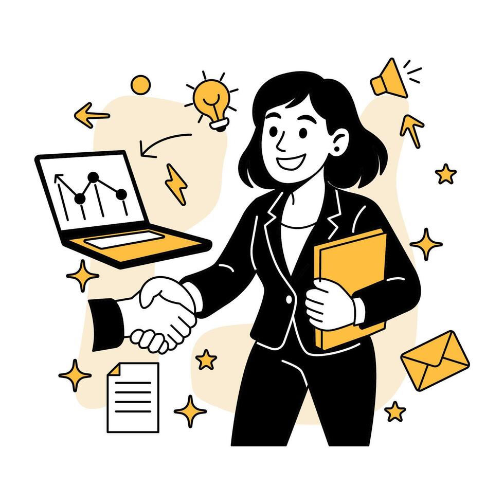 illustration of a businesswoman shaking hands with a partner, representing agreement, partnership, and professional communication in a modern corporate setting. vector