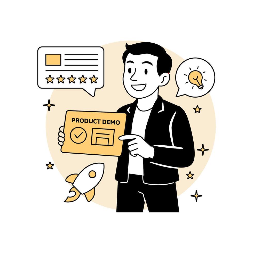 illustration of a smiling man presenting a product demo with icons of reviews, ideas, and a rocket. for tech startup launches, SaaS demos, and app previews. vector