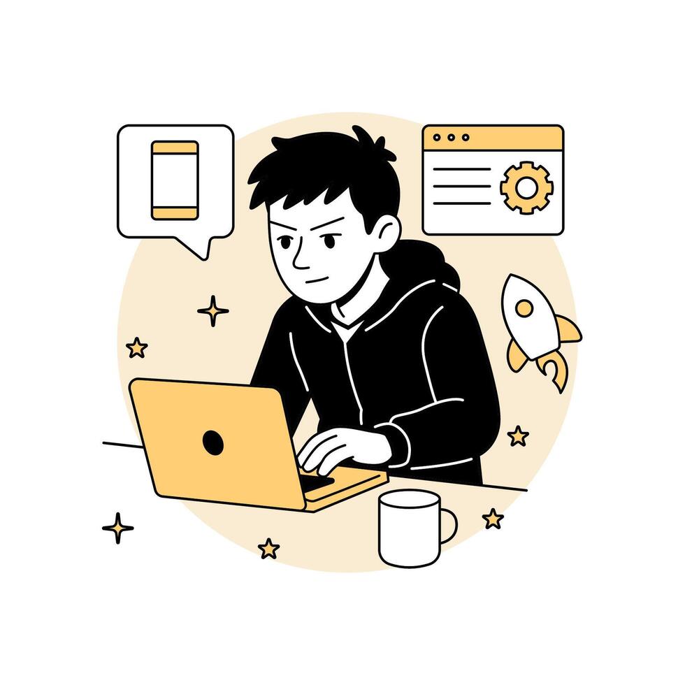 illustration of a focused man coding on a laptop at night, surrounded by app icons and a rocket, for tech startup, app development, and programming themes. vector