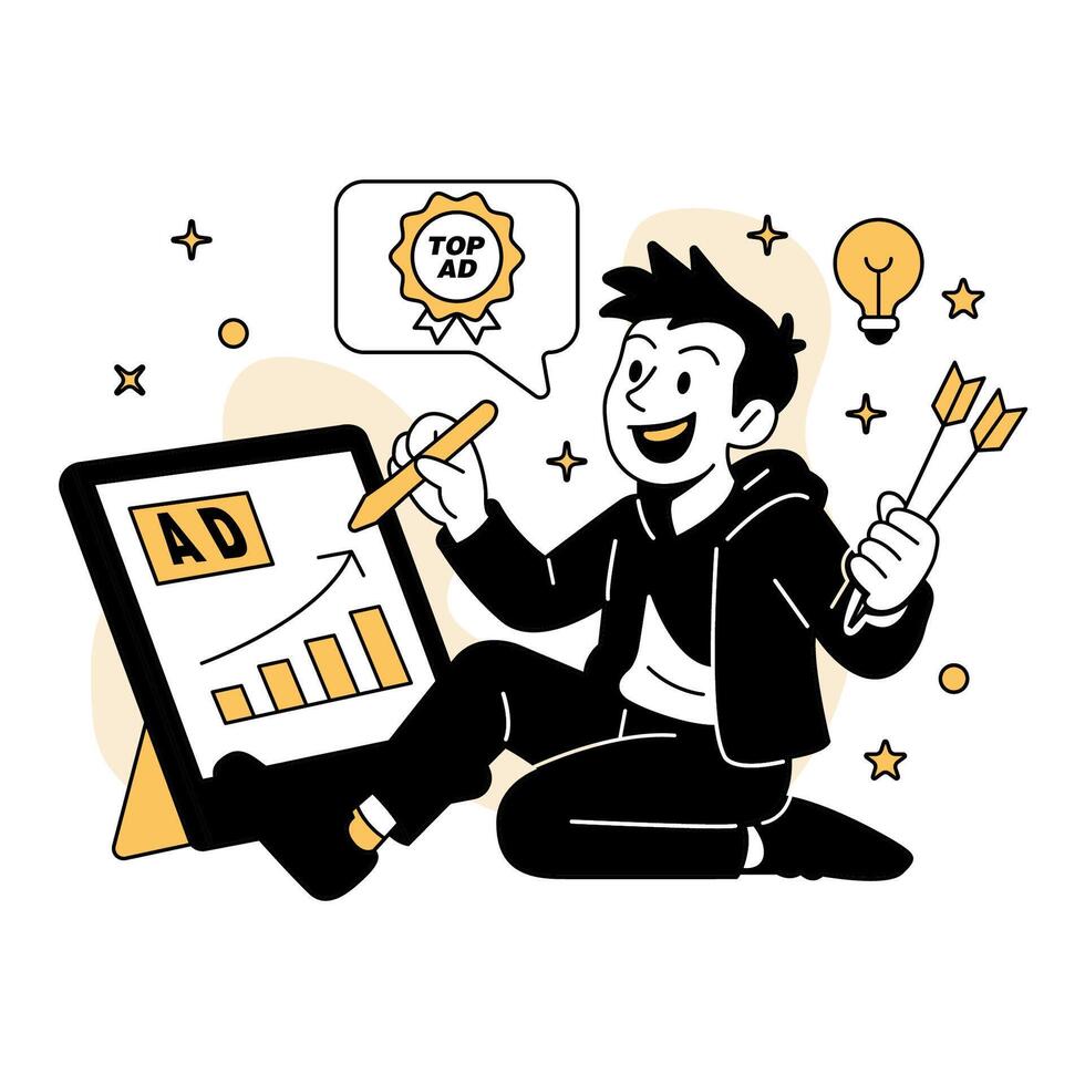 illustration of a man creating business ads on a giant tablet, symbolizing marketing success, creativity, and digital advertising strategy vector