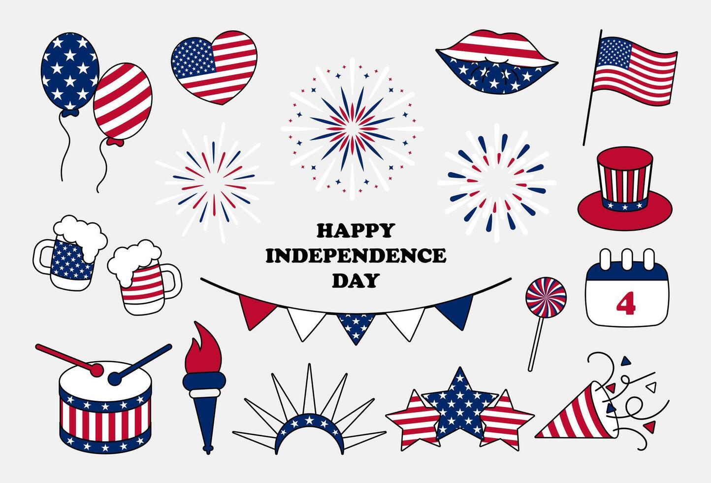 Set with national symbols of American Independence day. Cute fireworks, Uncle Sam hat, balloons, flag etc. Patriotic signs for 4th July celebration. illustration vector