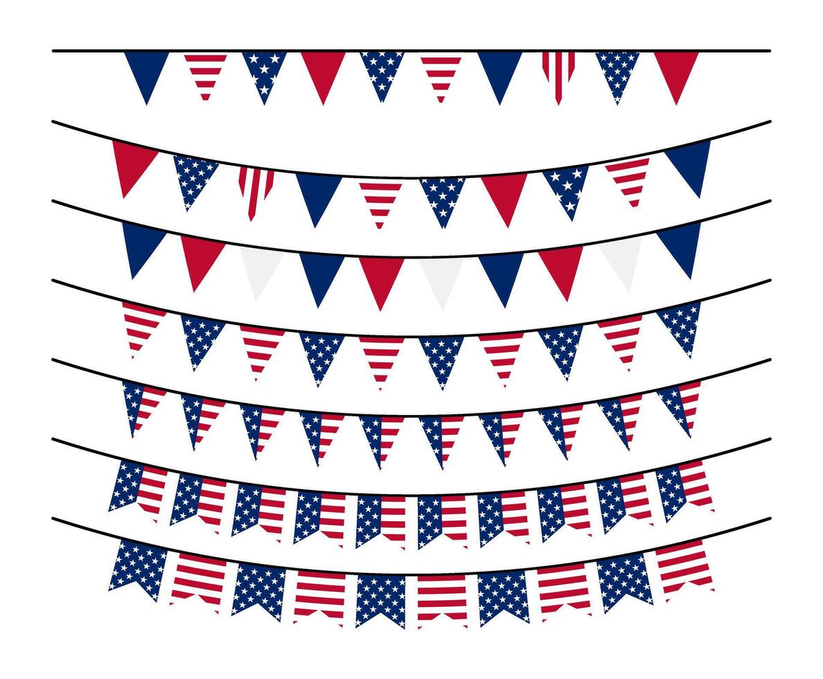 American flag themed bunting and garland set. Memorial, labor day. Independence day, 4th July. Birthday, anniversary. illustration vector