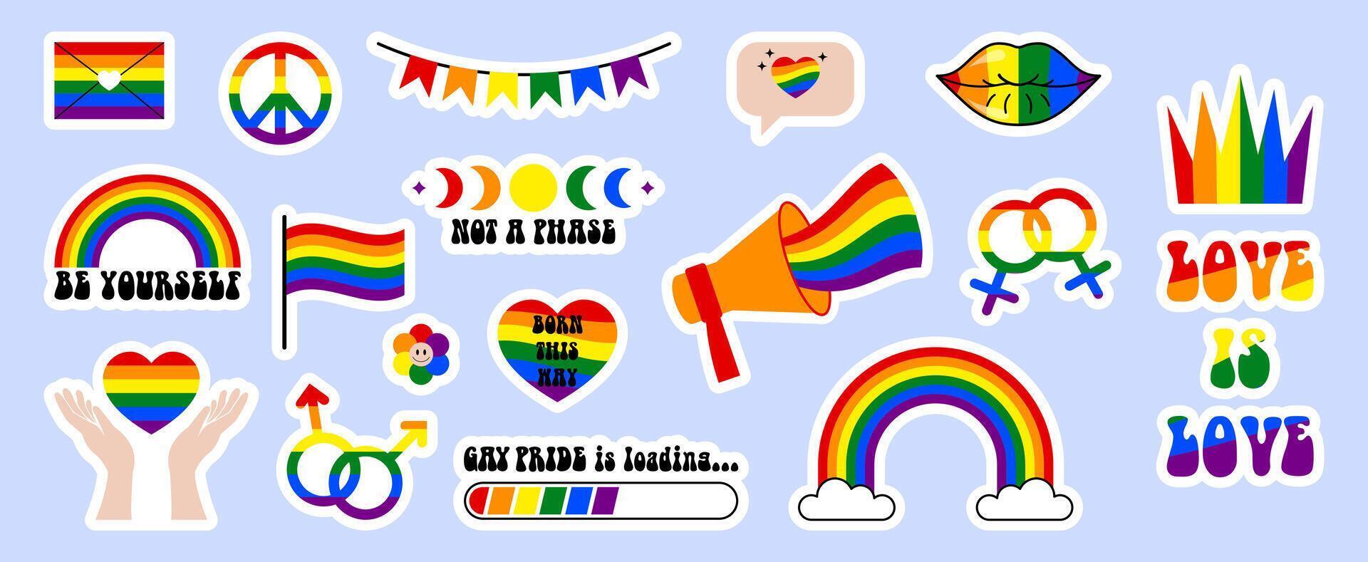 LGBT stickers set on blue background. Pride month badges. illustrations vector