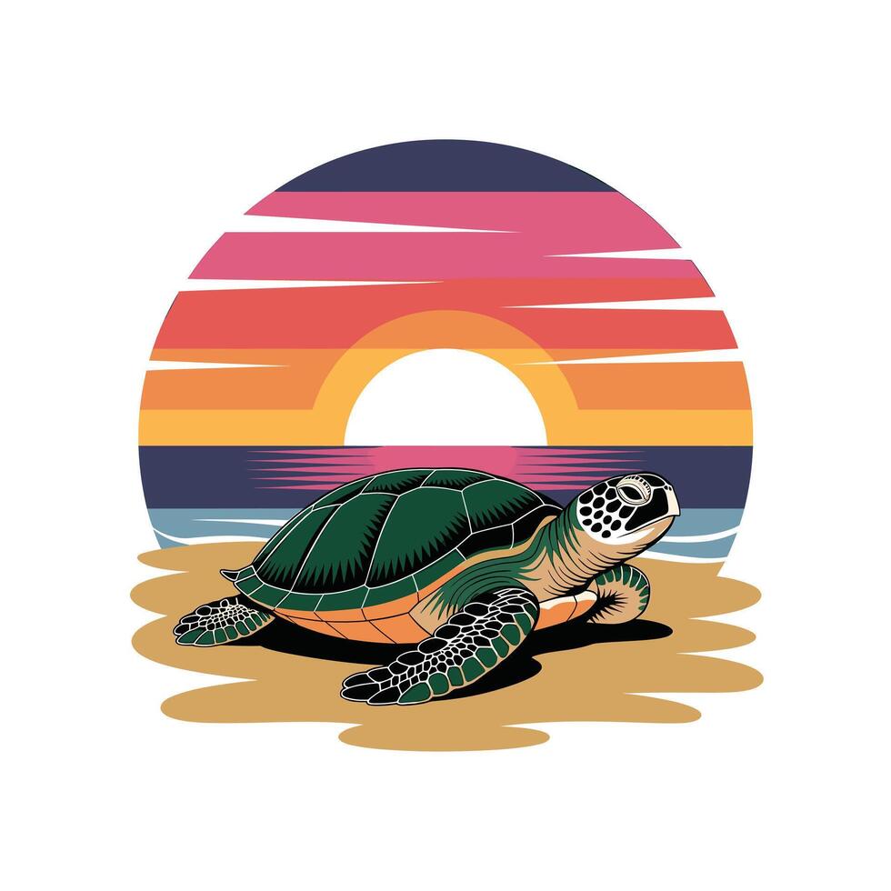 Sea Turtle Sunset Beach Scene Tropical Summer T Shirt Design vector