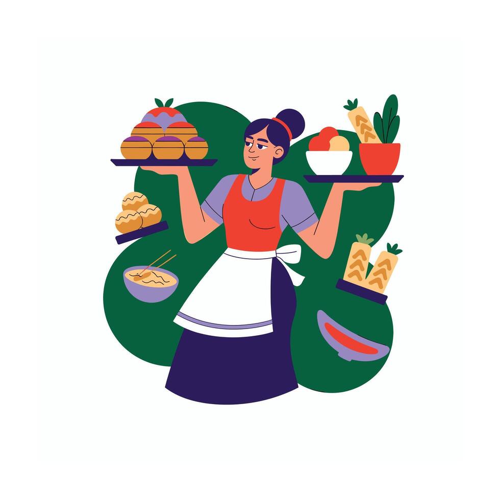 Waitress Serving Delicious Food Restaurant Illustration Flat Design Diverse Cuisine vector