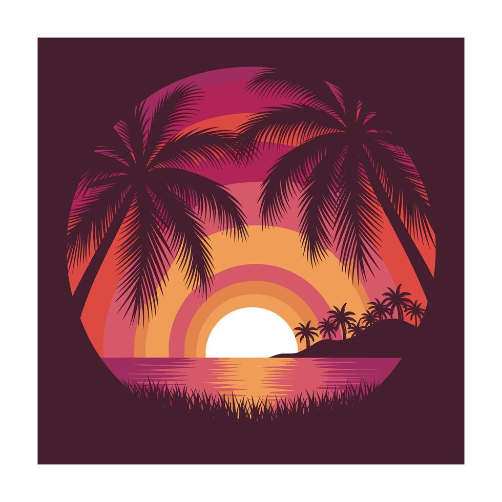 Vibrant Sunset Beach Scene Palm Trees Silhouette Tropical Summer Vacation Design vector