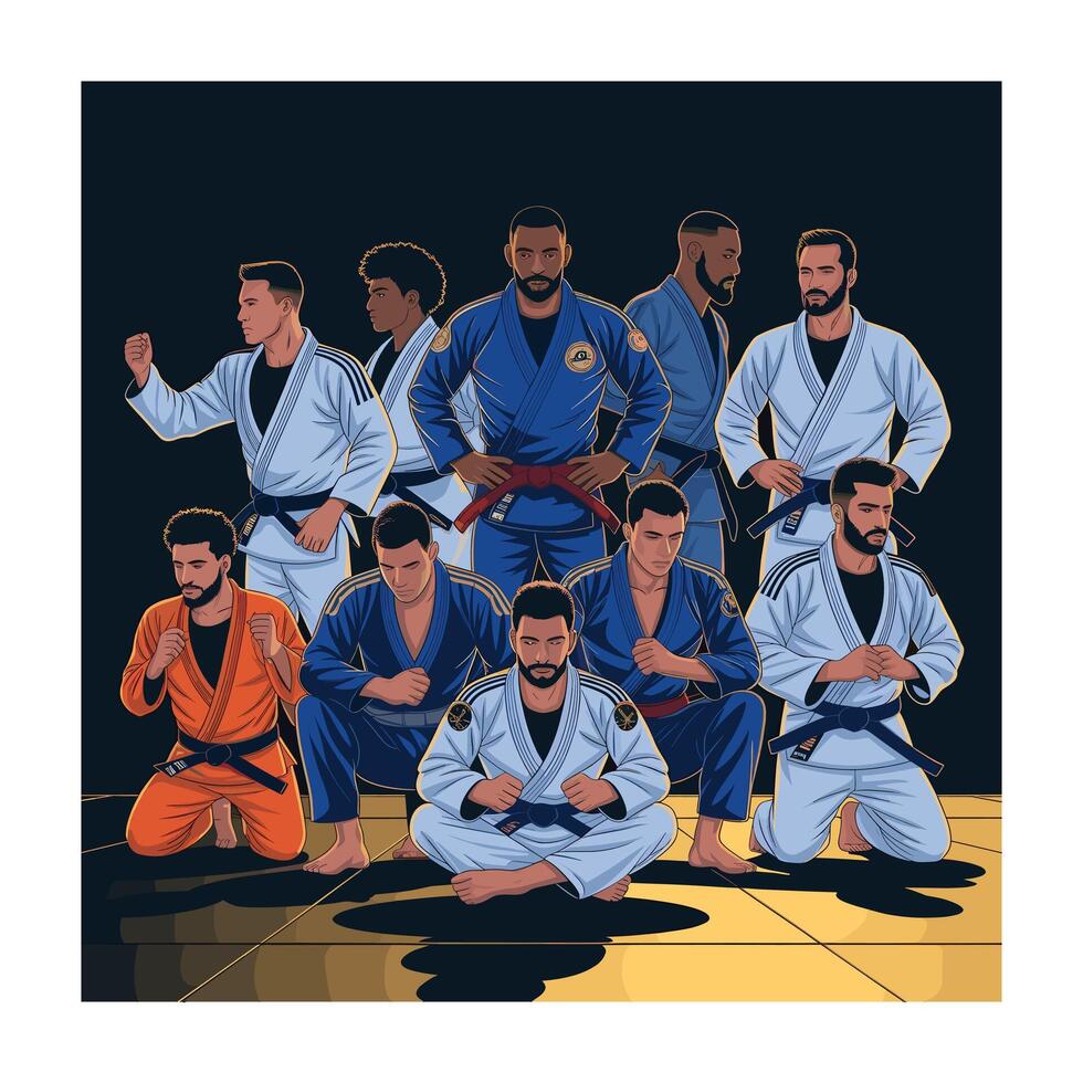 Team of Jiu Jitsu Athletes in Action Powerful Graphic Design for Martial Arts vector