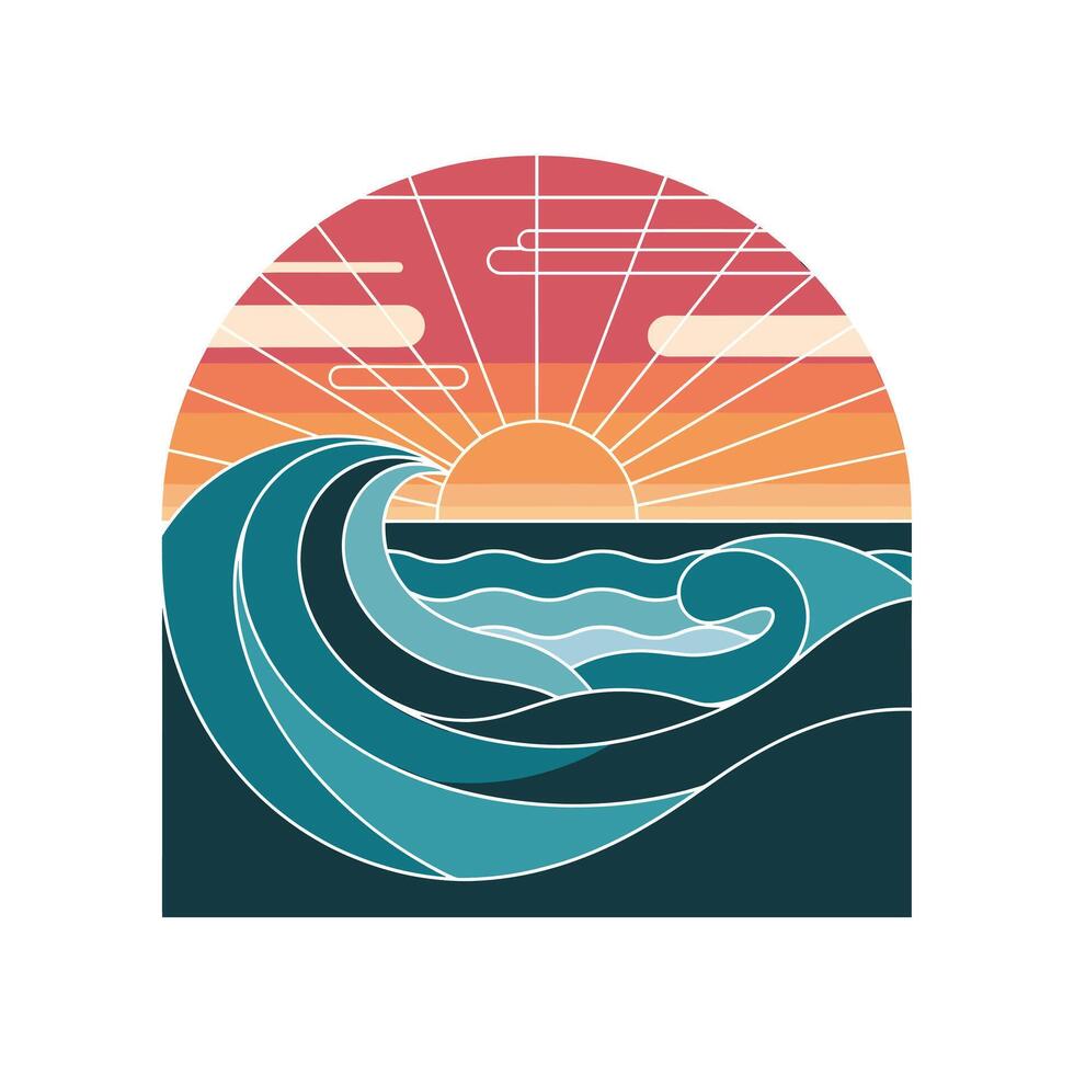 Ocean Wave Sunset Coastal Scene Graphic Design Element vector