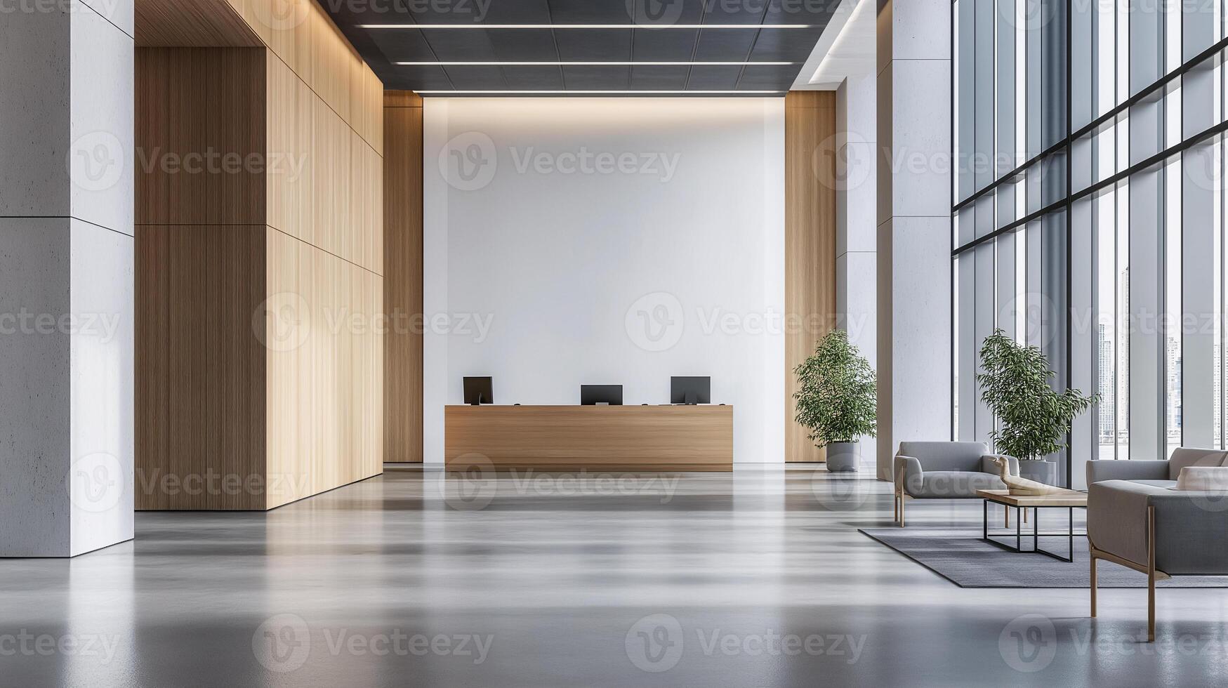 Modern Office Lobby with Minimalist Reception Desk and Natural Light photo