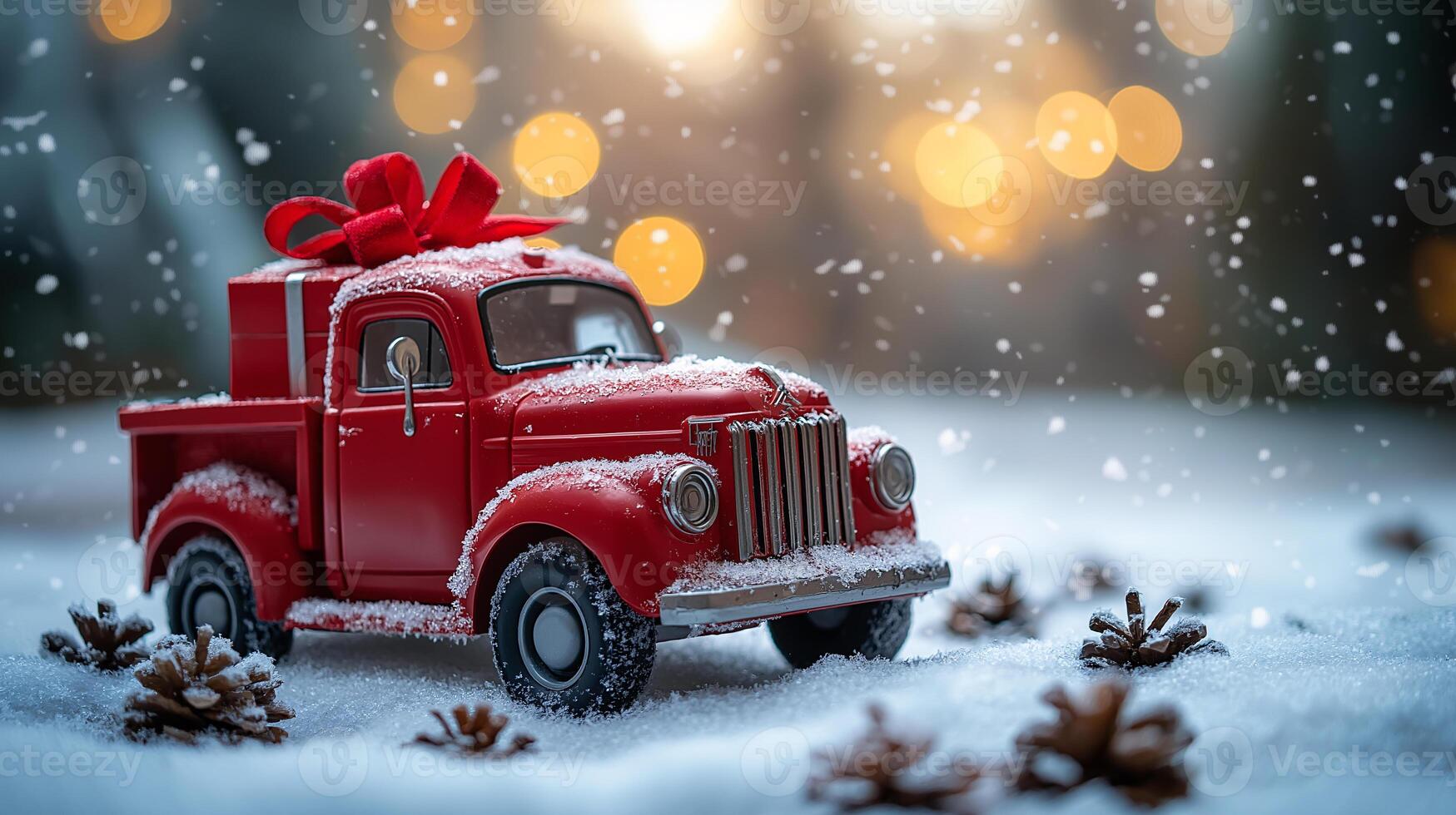 A red toy truck with a red bow on top of it is sitting in the snow photo