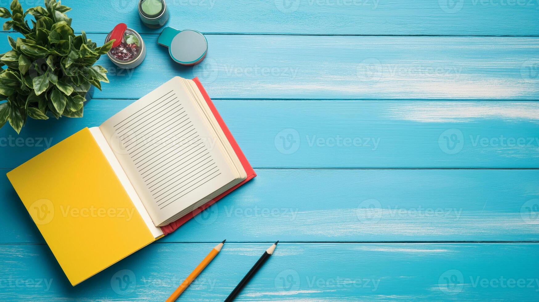 Open Notebook with Stationery on Blue Desk photo