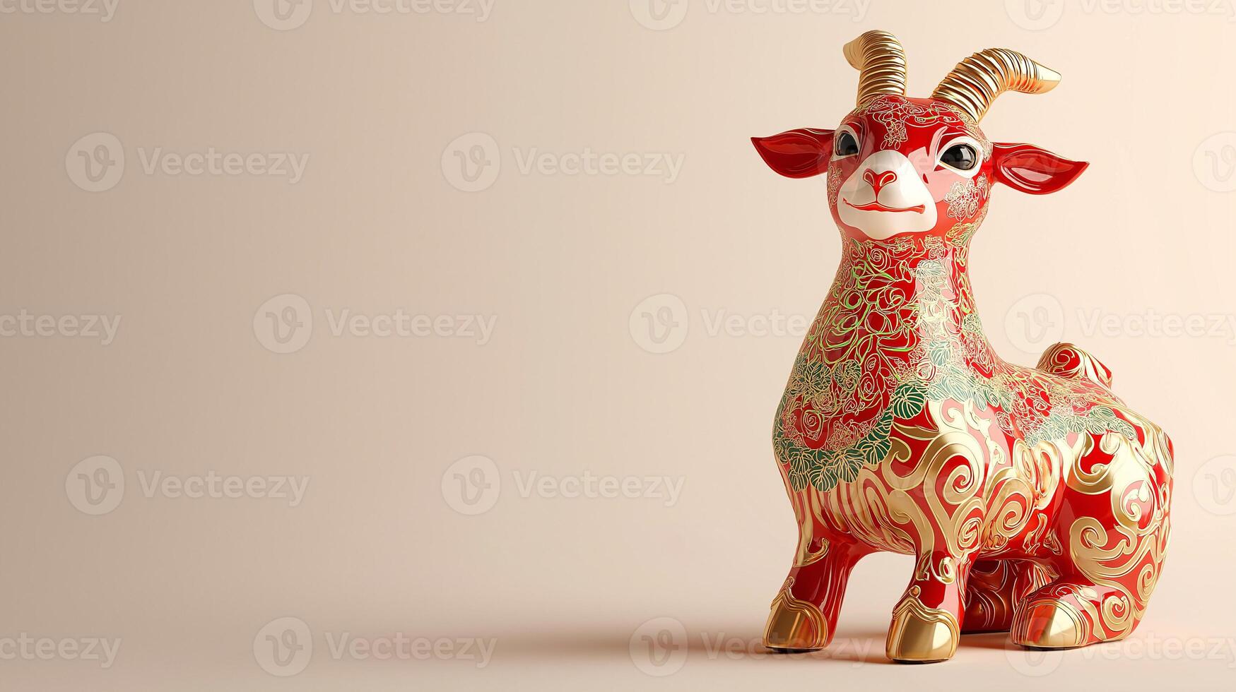 A figurine of a goat with a red and gold design photo