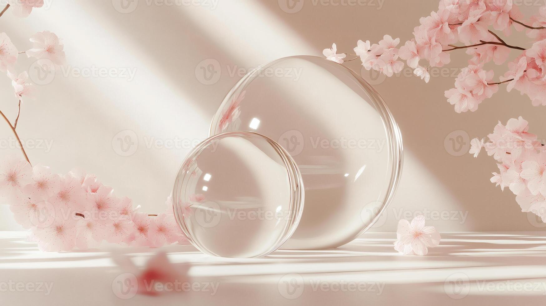Two glass spheres sit on a table with pink flowers photo