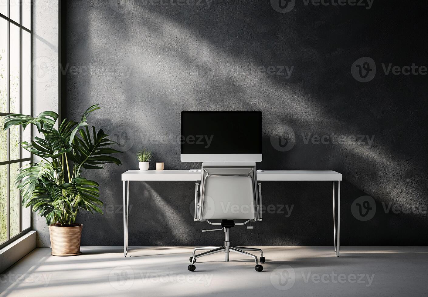 A white desk with a computer monitor and a chair photo