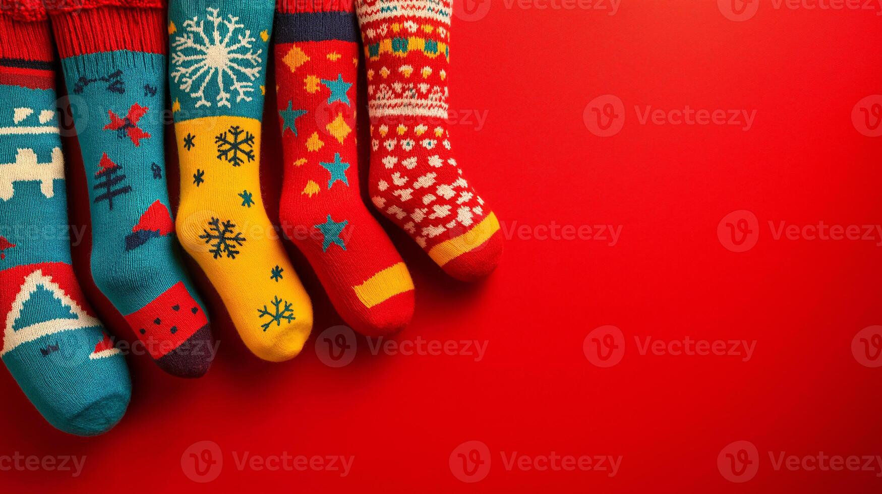 Christmas socks on red background photo