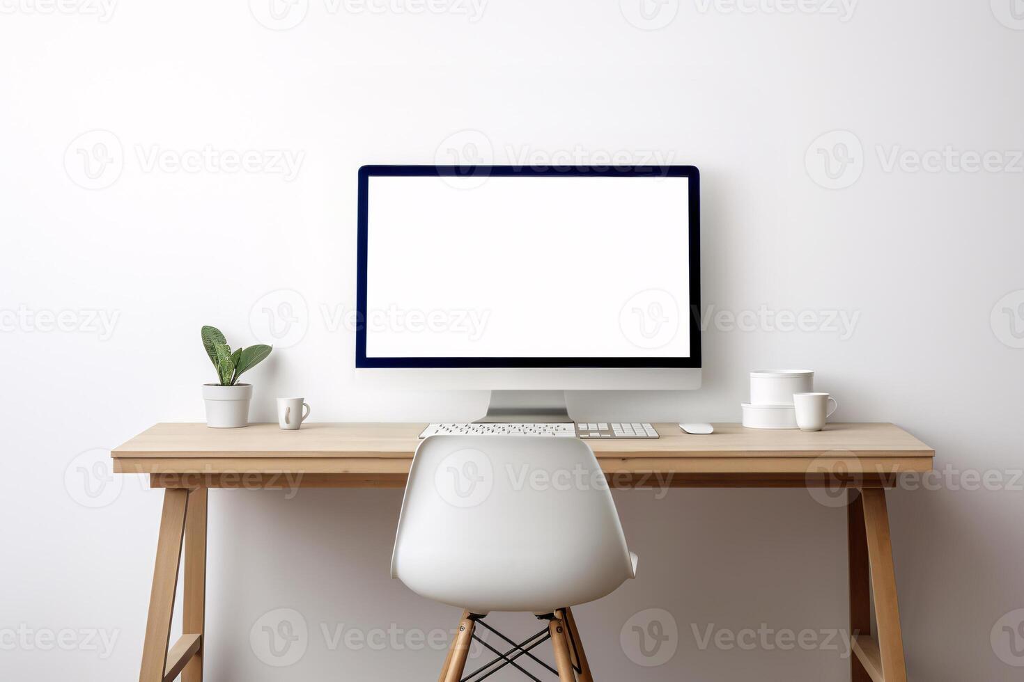 A computer desk with a white chair and a computer monitor isolated with white wall photo