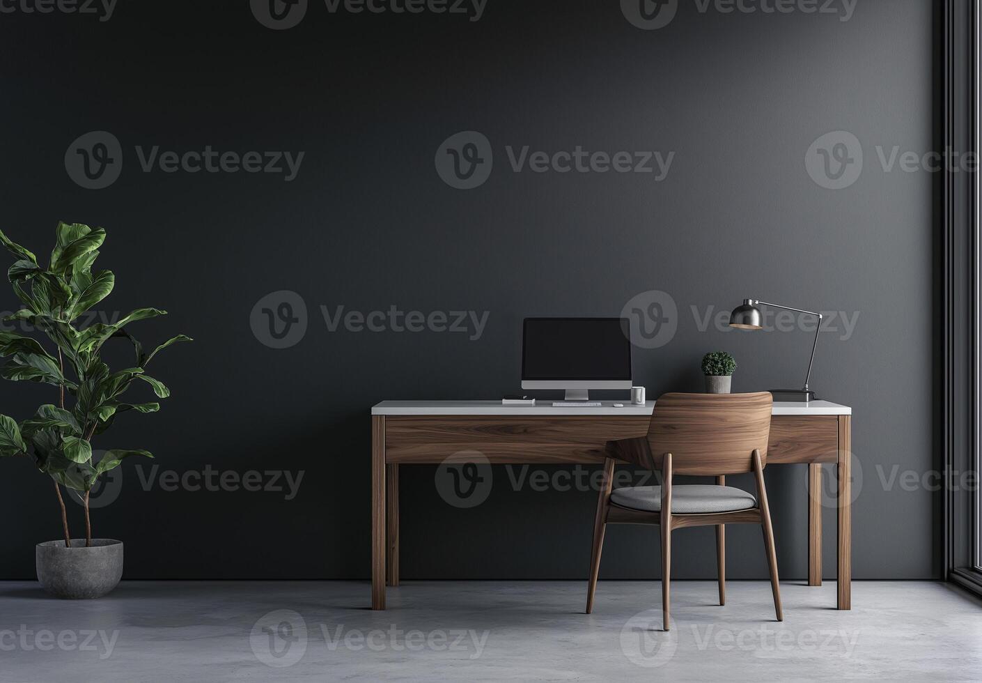 A desk with a computer and a chair in front of a wall photo
