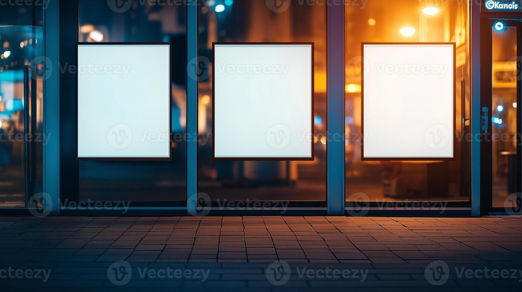 Three white posters are displayed on a window photo