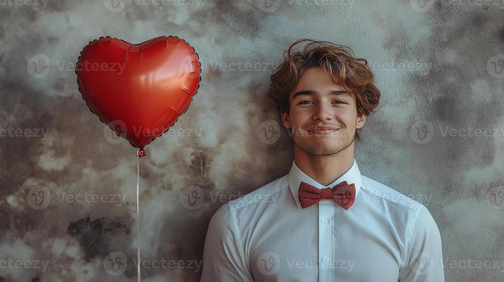A man wearing a red bow tie stands in front of a red heart balloon photo