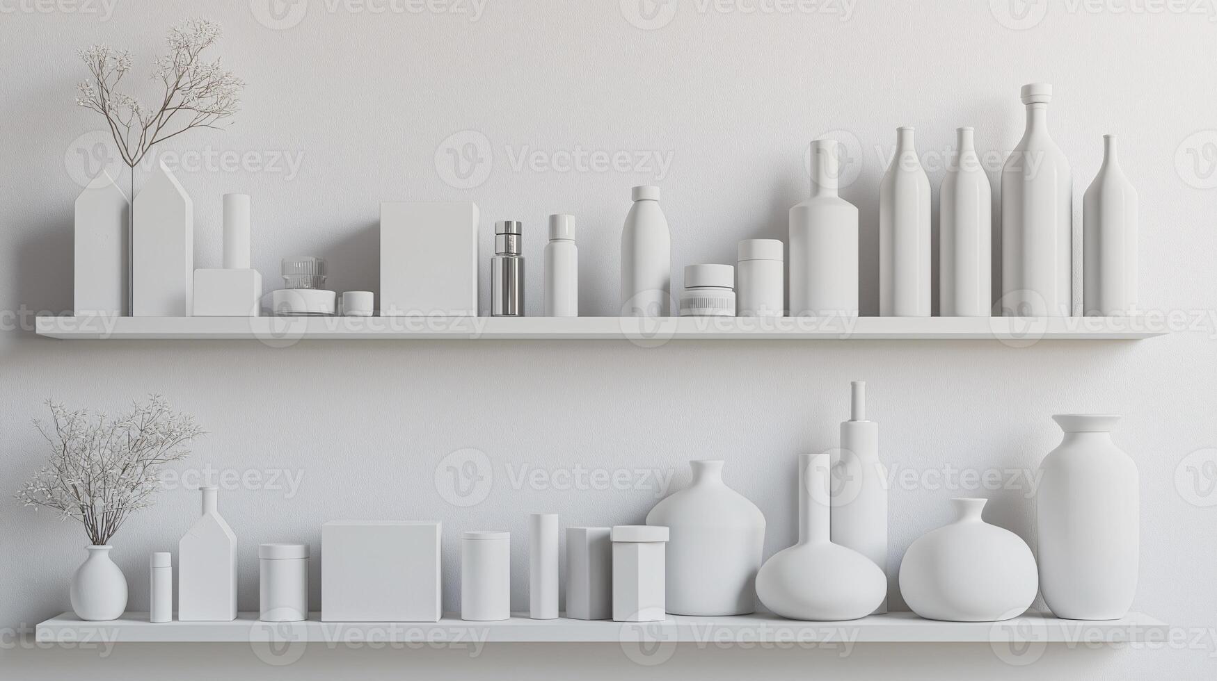A beautiful shelf with many white bottles and vases on it photo