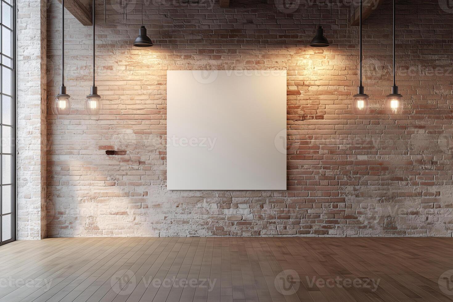 A white wall with a white frame and a black light hanging above it photo