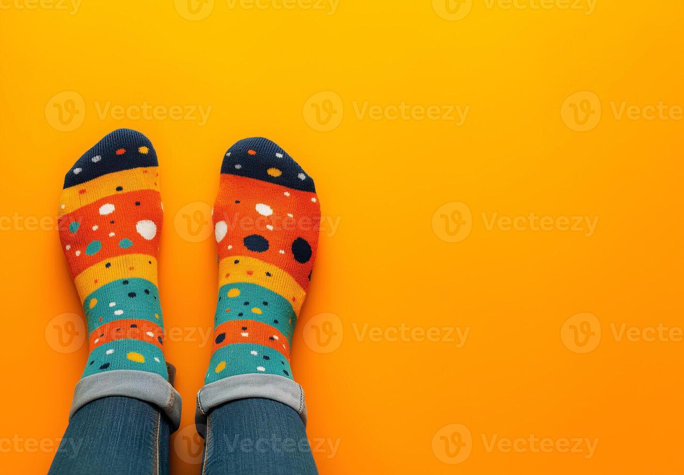 A person wearing colorful socks on an orange background photo