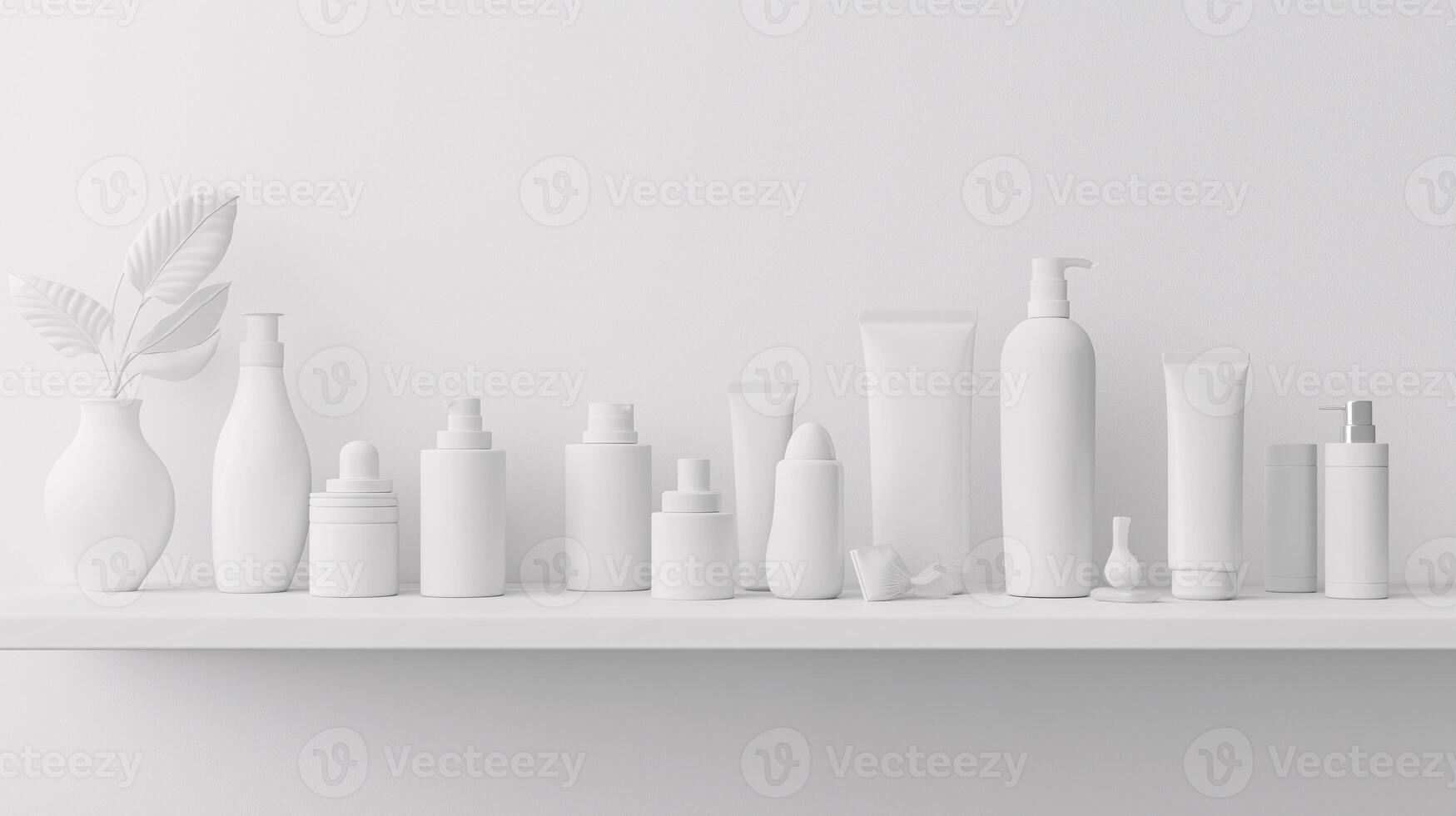 A shelf with many white bottles and vases on it photo