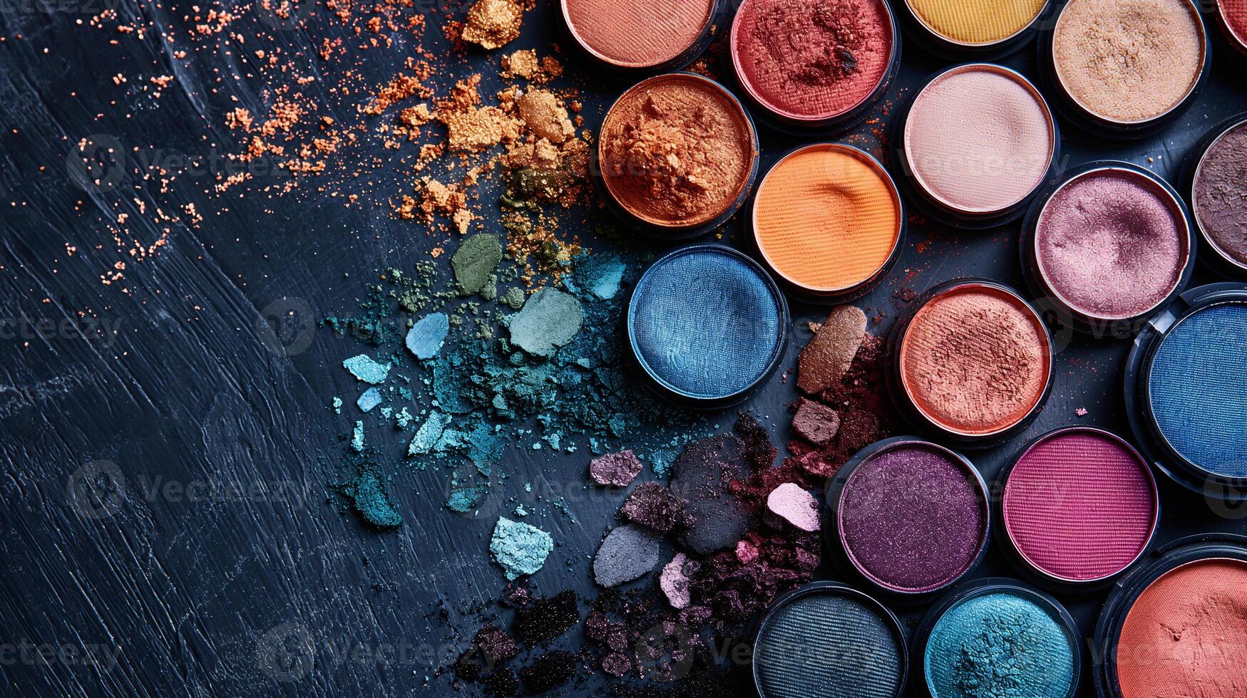 A collection of colourful eyeshadow palettes on a table photo