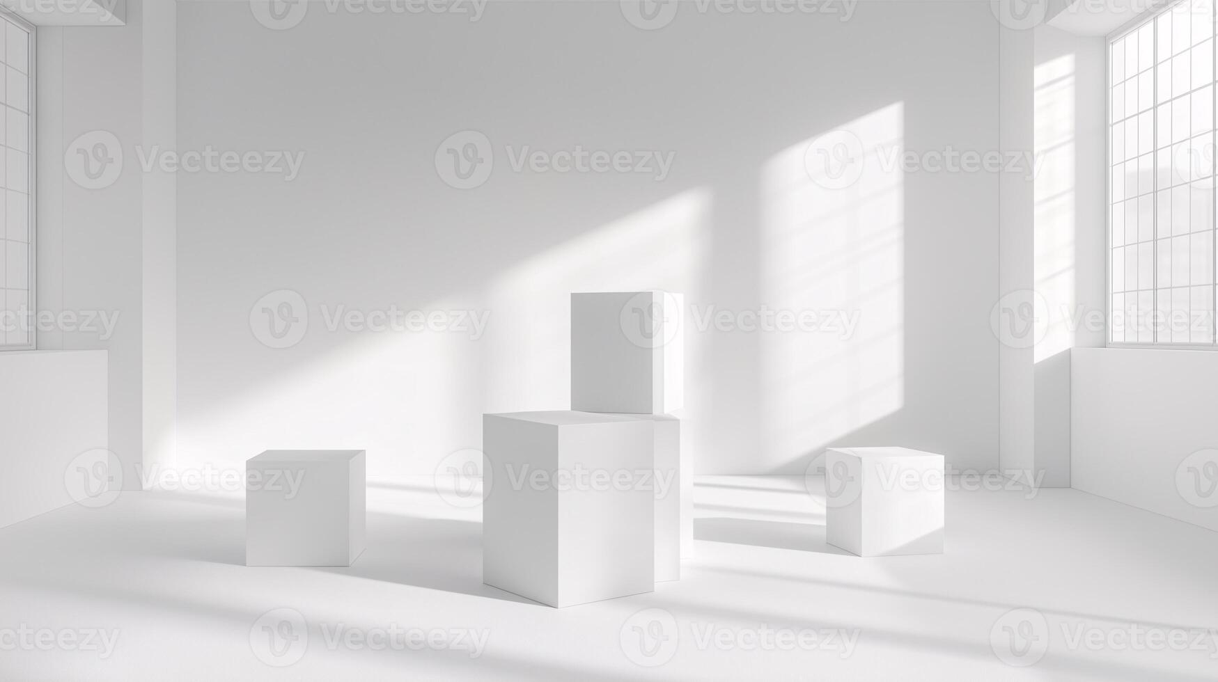 Minimalist White Geometric Boxes in Bright Space photo