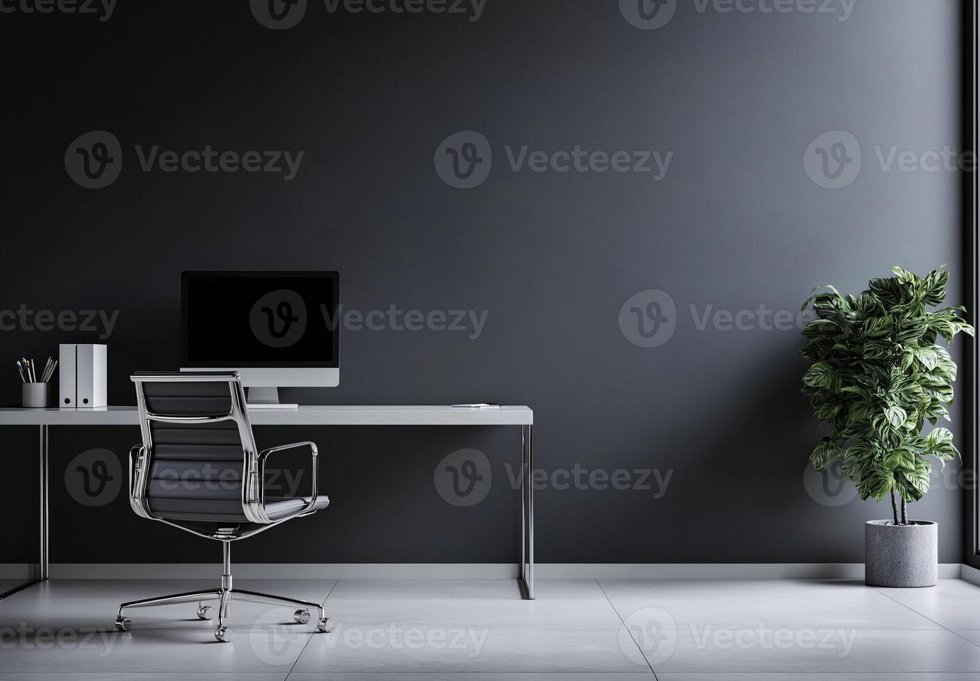 A modern office space with a large desk and a chair photo