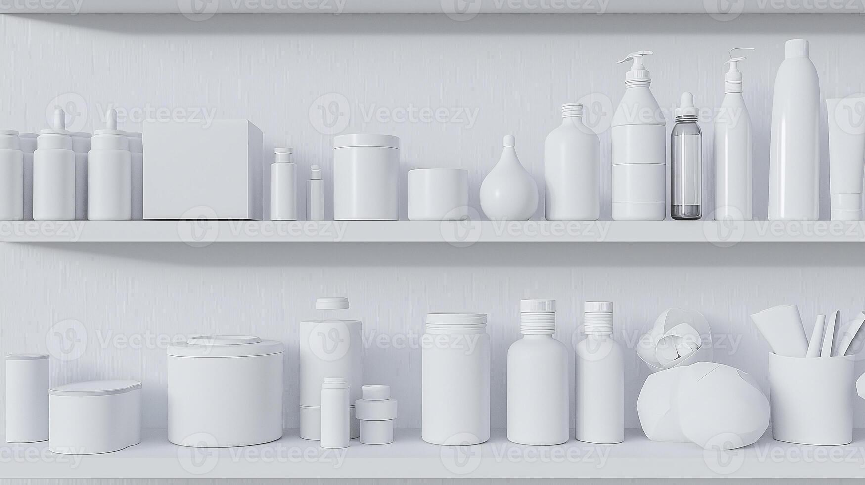 A shelf full of white bottles and containers, including a box photo