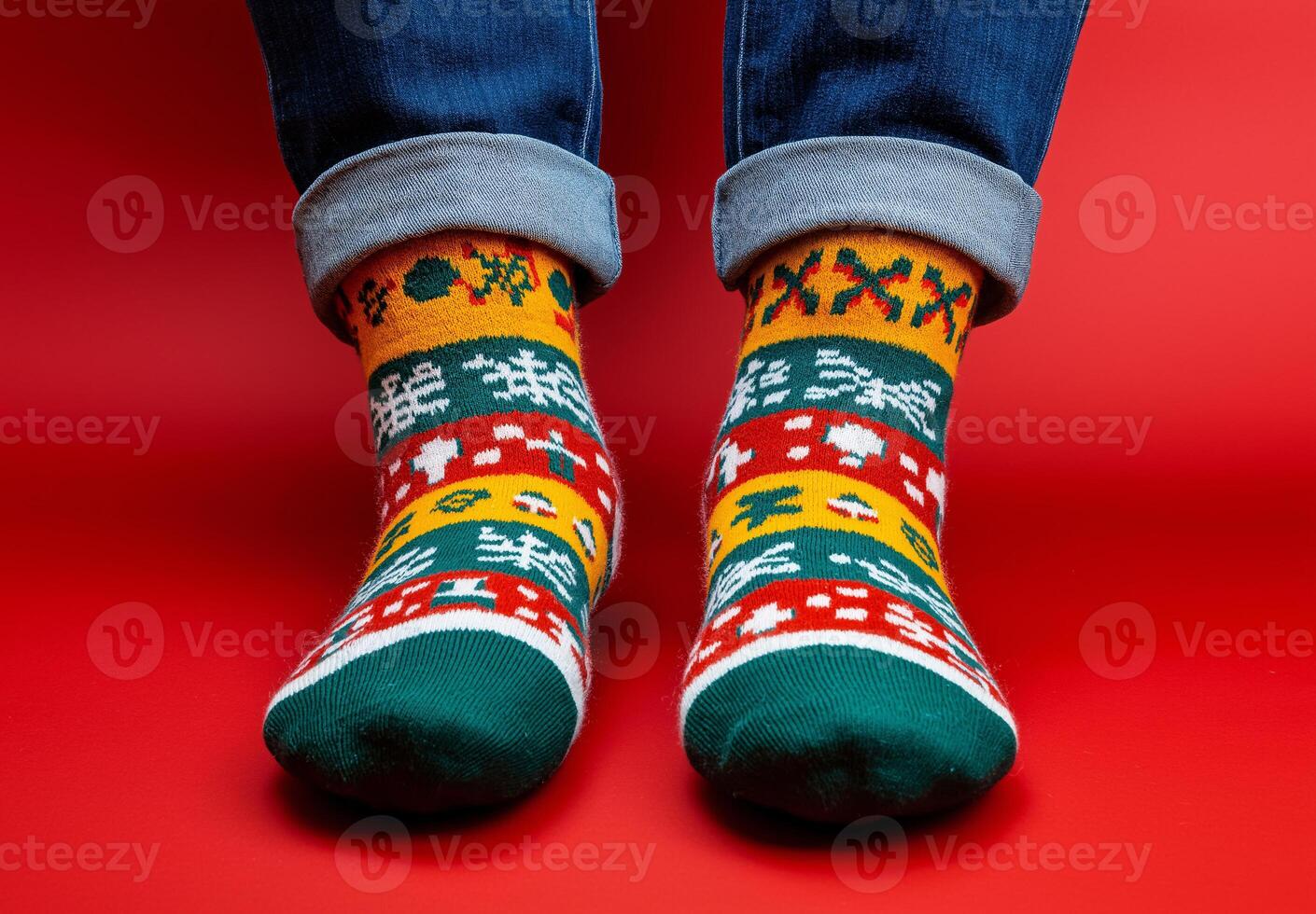 A person wearing colorful socks on a red background photo