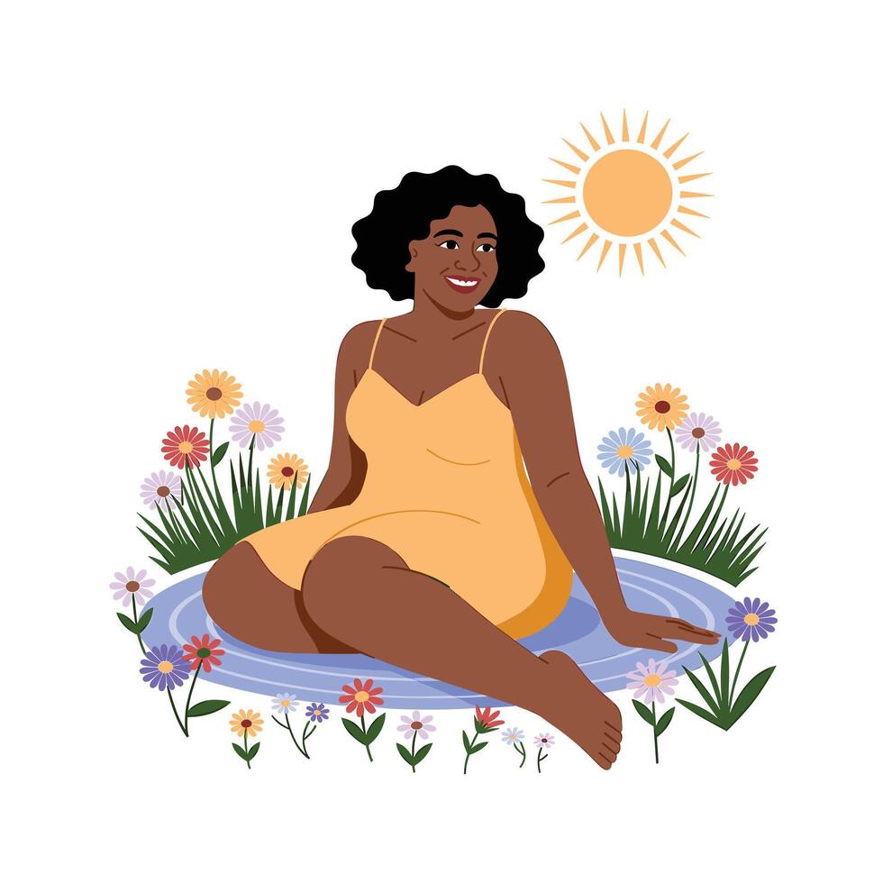 Joyful Black Woman Summer Meadow Illustration vector